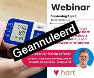 Een promotionele afbeelding voor een webinar over hartgezondheid, met een bloeddrukmeter, details van het evenement en een foto van de spreker. Een vette zwarte banner met Geannuleerd staat over de afbeelding.