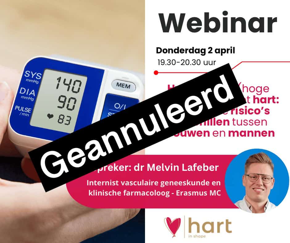 Een promotionele afbeelding voor een webinar over hartgezondheid, met een bloeddrukmeter, details van het evenement en een foto van de spreker. Een vette zwarte banner met Geannuleerd staat over de afbeelding.