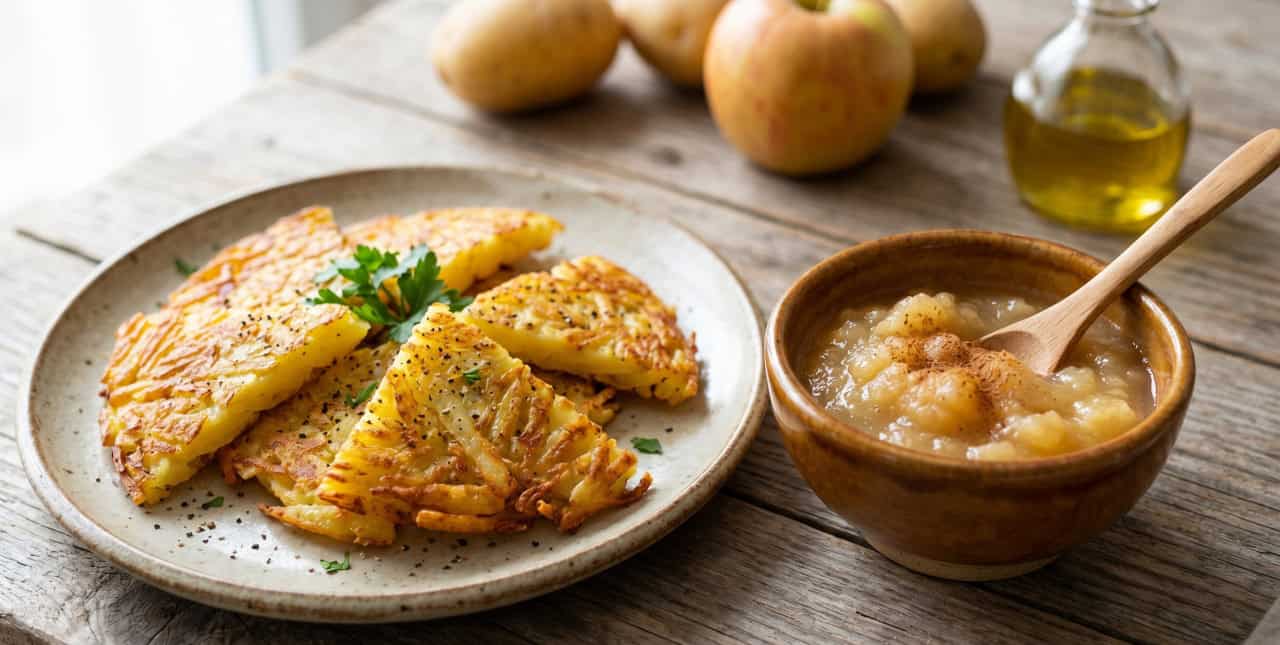 Een bord knapperige aardappelpannenkoekjes gegarneerd met peterselie staat naast een kom appelmoes met een houten lepel. Op de achtergrond staan aardappelen, een appel en een fles olie op een rustieke houten tafel.