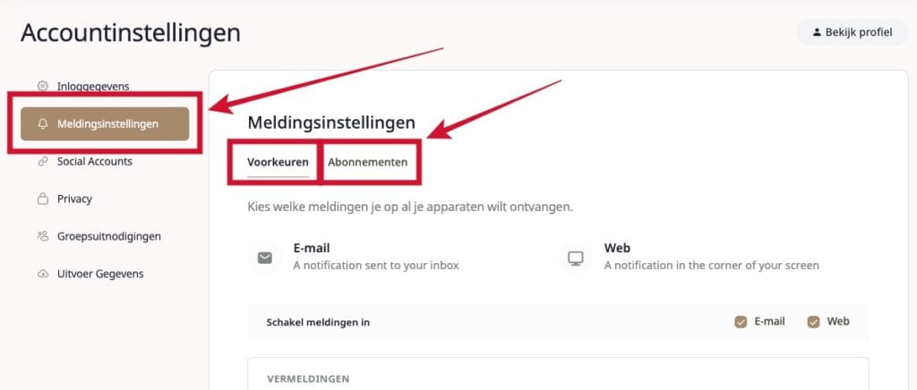 Screenshot van een Nederlandse pagina met accountinstellingen, waarop ‘Meldingsinstellingen’ is gemarkeerd, met tabbladen voor ‘Voorkeuren’ en ‘Abonnementen’ onder de meldingsopties.
