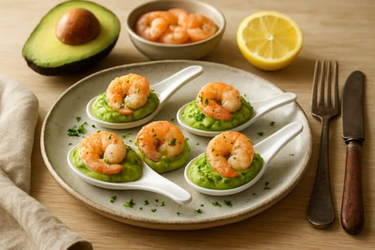 Amuselepel met avocadocrème en garnaal