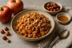 Appelcrumble met speltmeel en hazelnoten