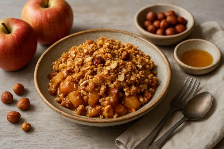 Appelcrumble met speltmeel en hazelnoten
