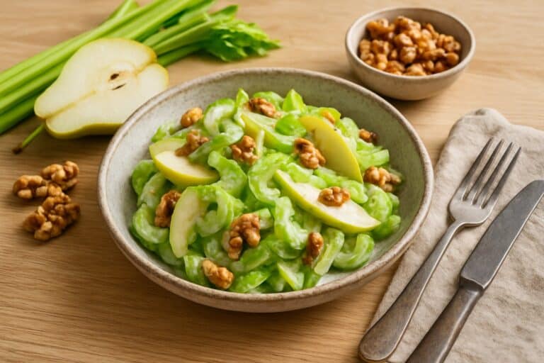 Bleekselderijsalade met peer en noten
