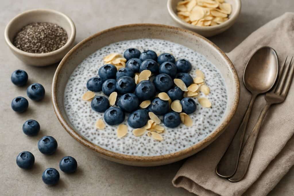 Chiapudding met amandelmelk en blauwe bessen