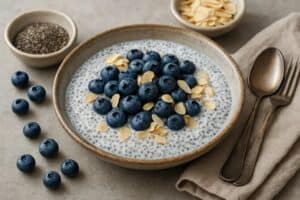 Chiapudding met amandelmelk en blauwe bessen