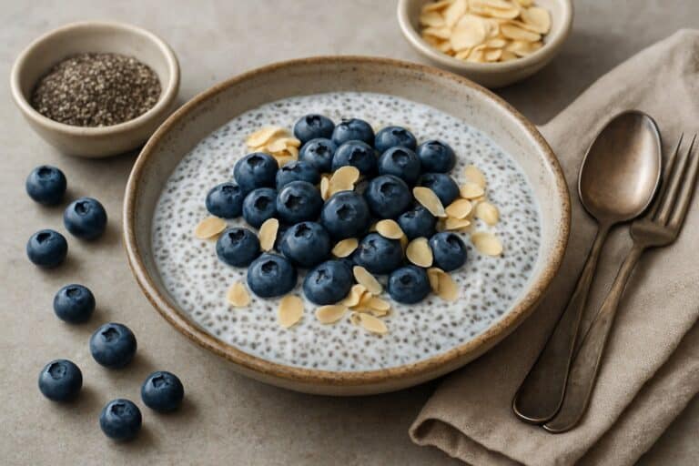 Chiapudding met amandelmelk en blauwe bessen