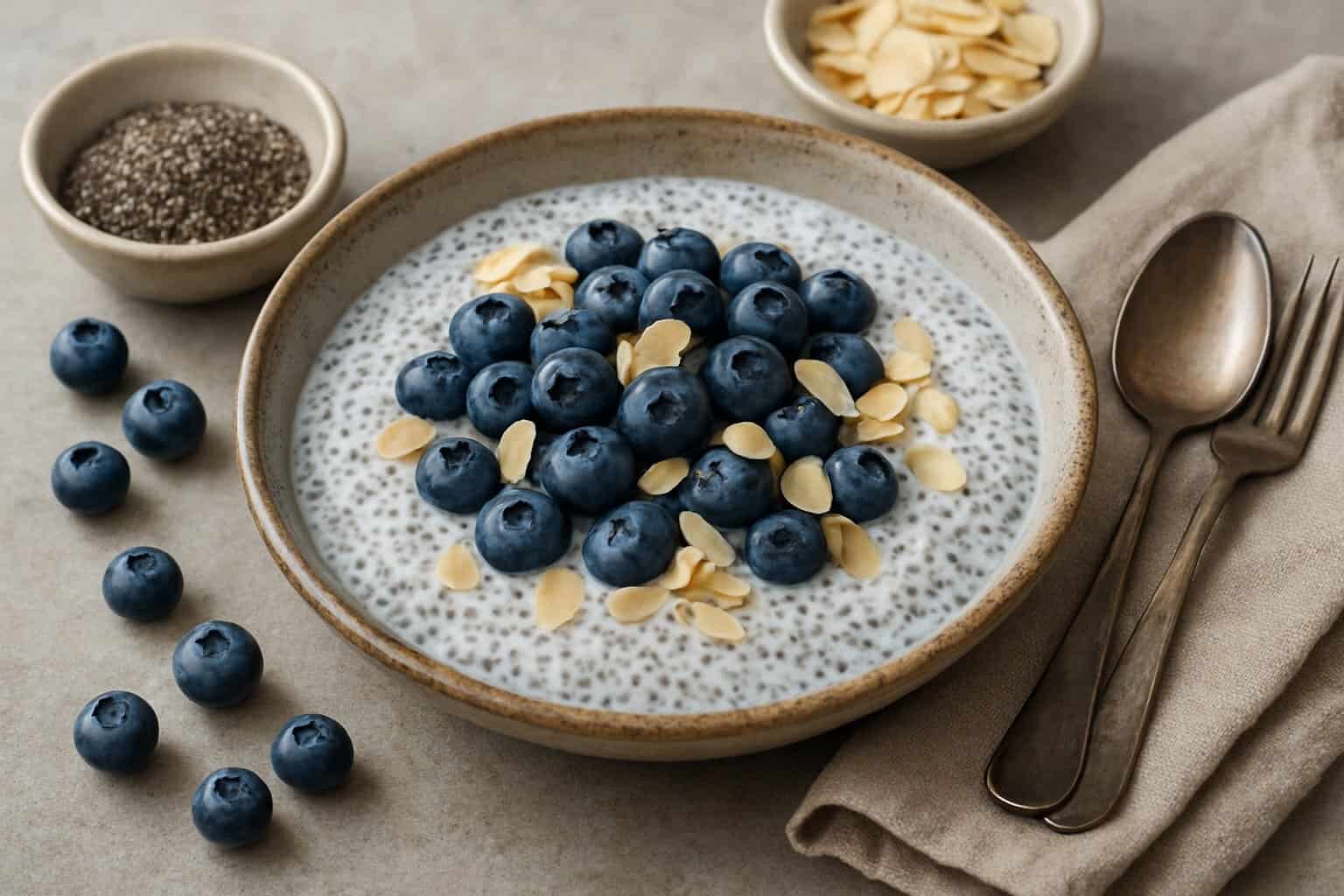 Chiapudding met amandelmelk en blauwe bessen