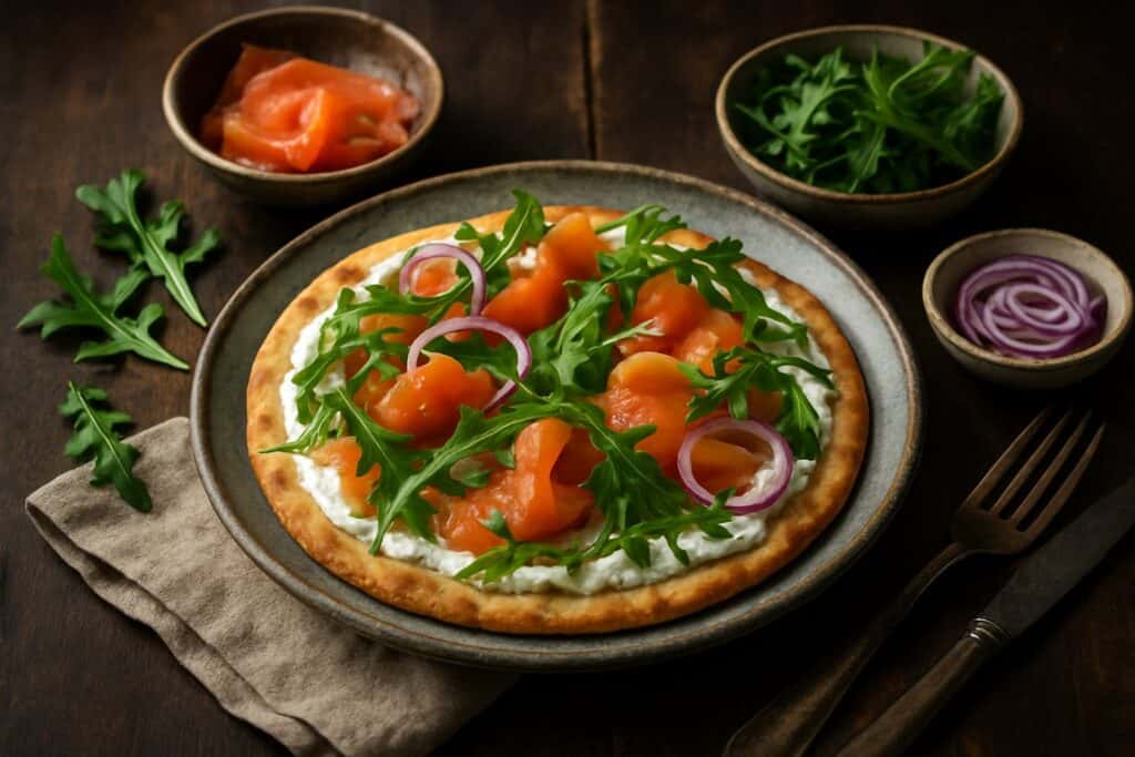 Flammkuchen met gerookte zalm en rucola