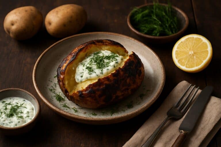 Gepofte aardappel van de barbecue met yoghurtdip