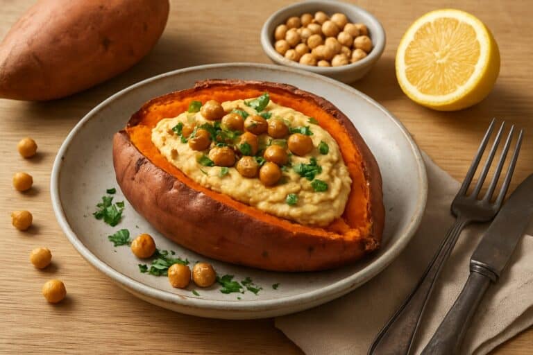 Gepofte zoete aardappel met hummus