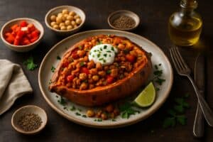 Gevulde zoete aardappel met kalkoengehakt en paprika