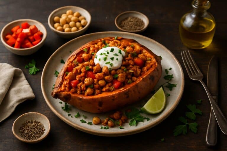 Gevulde zoete aardappel met kalkoengehakt en paprika