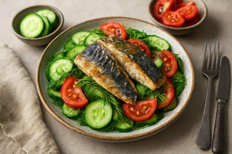 Keto lunch met gerookte makreel en komkommer