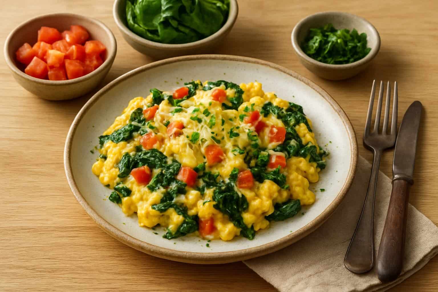 Keto ontbijt met roerei, spinazie en tomaat