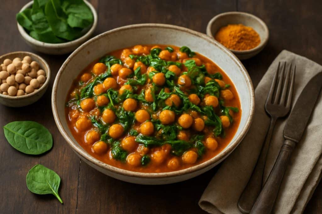 Kikkererwtencurry met spinazie en tomaat