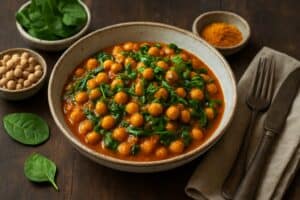 Kikkererwtencurry met spinazie en tomaat