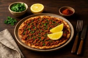 Lahmacun met kalkoengehakt en veel peterselie