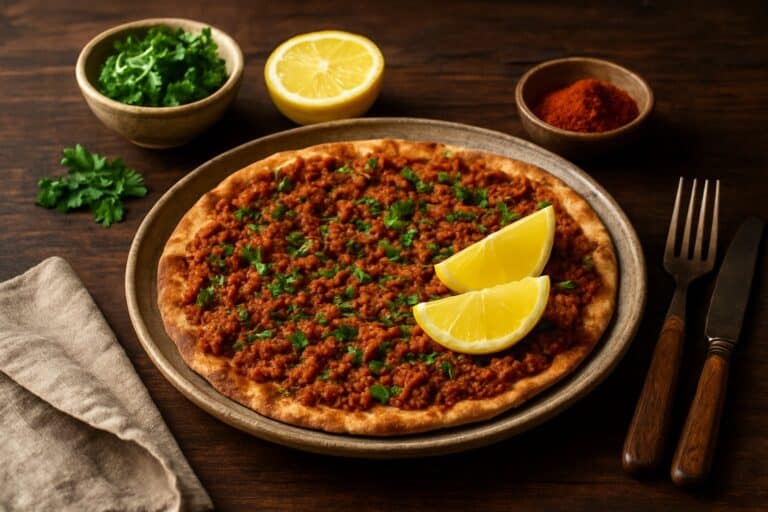 Lahmacun met kalkoengehakt en veel peterselie