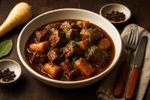 Magere runderstoof uit de slowcooker met winterpeen