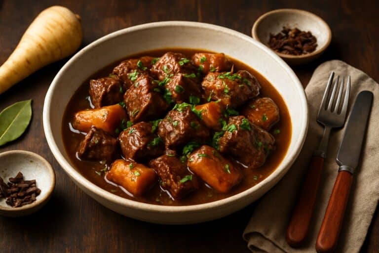Magere runderstoof uit de slowcooker met winterpeen