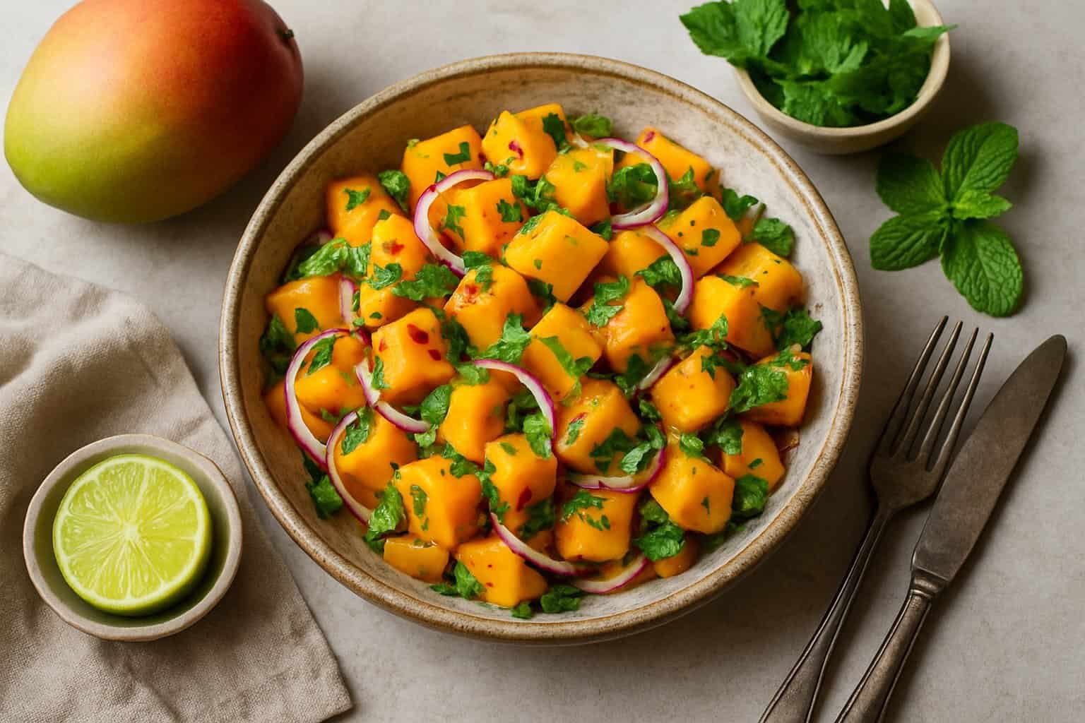 Mangosalade met rode ui en limoen