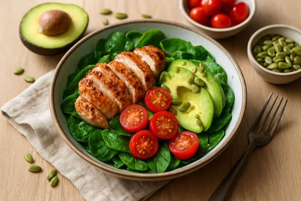Paleo bowl met kipfilet, avocado en spinazie
