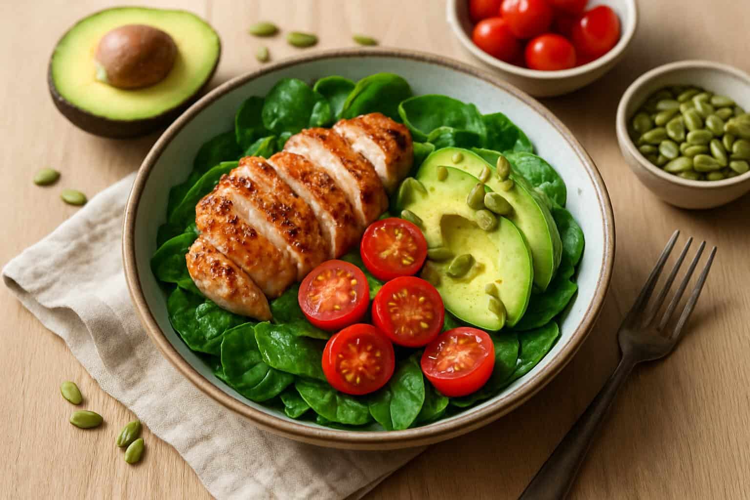 Paleo bowl met kipfilet, avocado en spinazie
