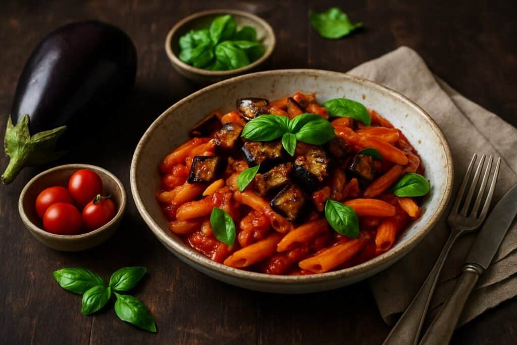 Pasta alla norma met aubergine en tomaat