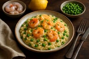 Risotto met garnalen en doperwten