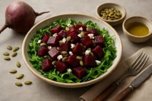 Rodebietensalade met rucola en pompoenpitten