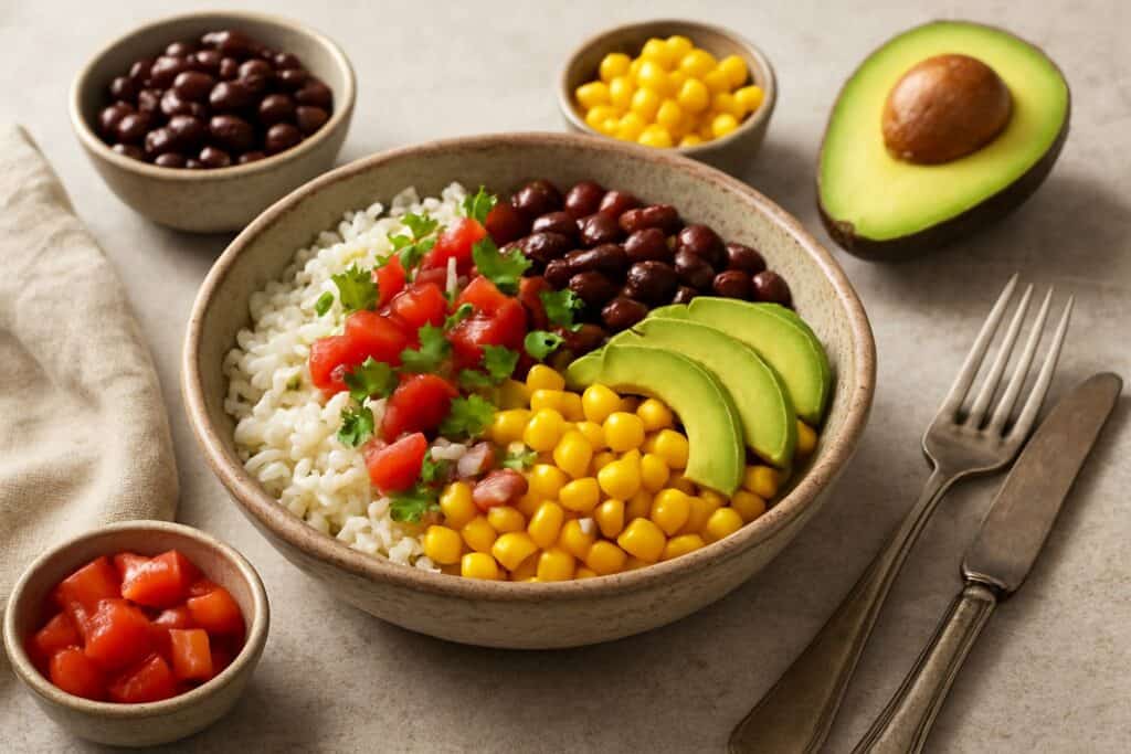 Taco bowl met bonen, mais en avocado