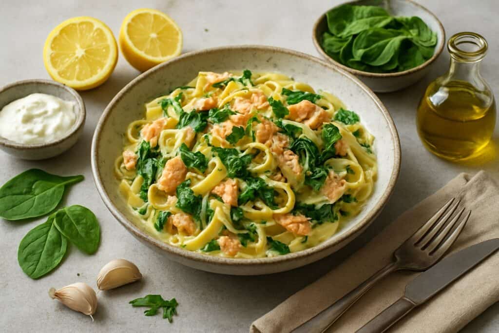 Tagliatelle met zalm en spinazie uit de pan