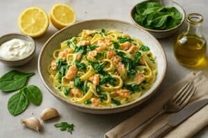 Tagliatelle met zalm en spinazie uit de pan