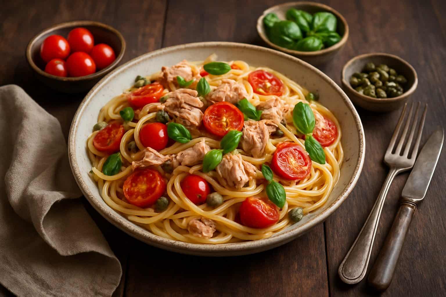 Tonijnpasta met cherrytomaatjes en kappertjes