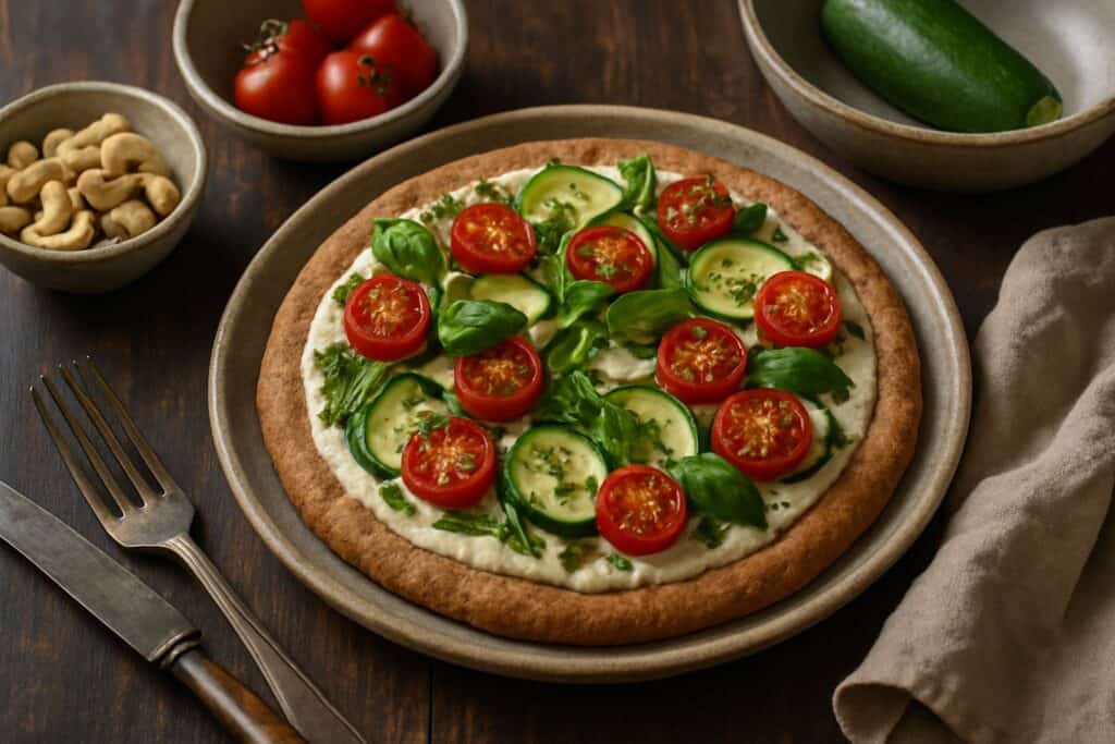 Vegan pizza met groenten en cashewcreme