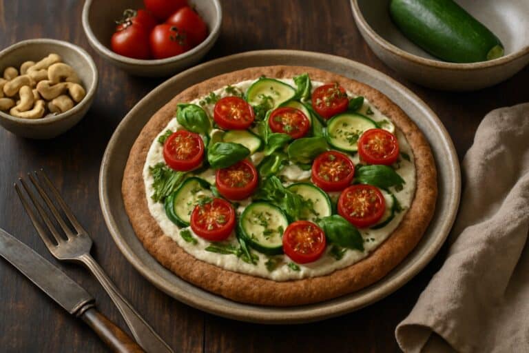 Vegan pizza met groenten en cashewcreme