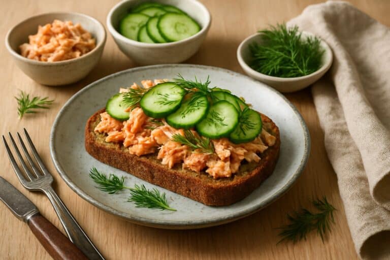 Volkoren broodje met zalm en komkommer
