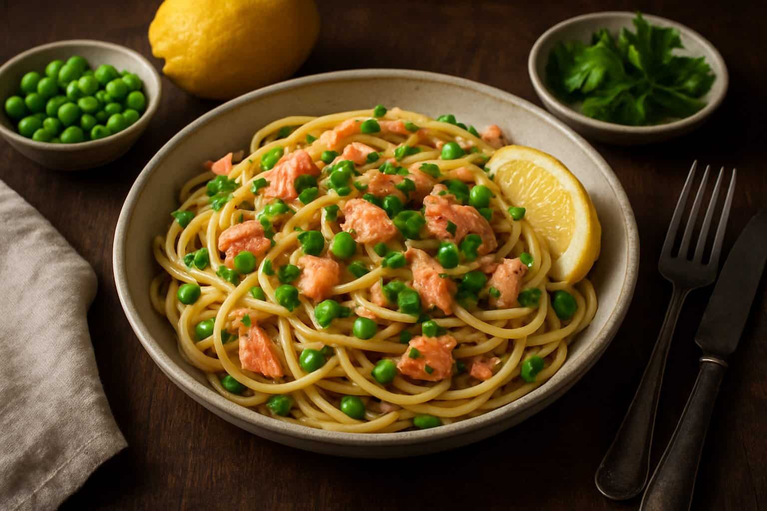 Volkoren pasta met zalm en citroen