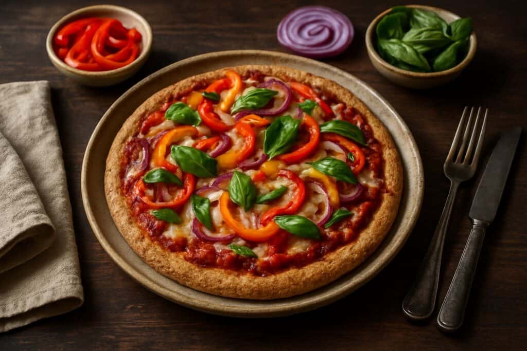 Volkoren pizza met paprika, ui en oregano