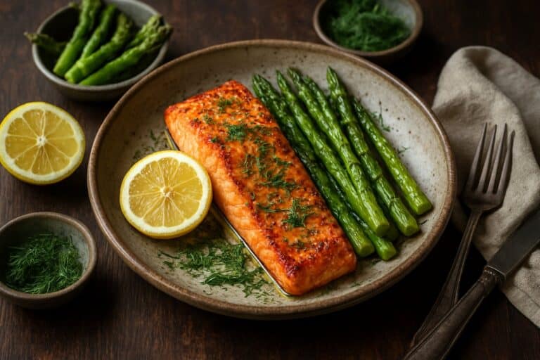 Zalmfilet met groene asperges en dille