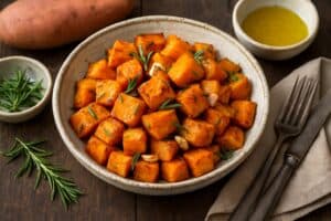 Zoete aardappel uit de pan met rozemarijn