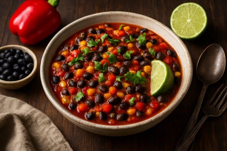 Zwarte bonenschotel met mais en paprika