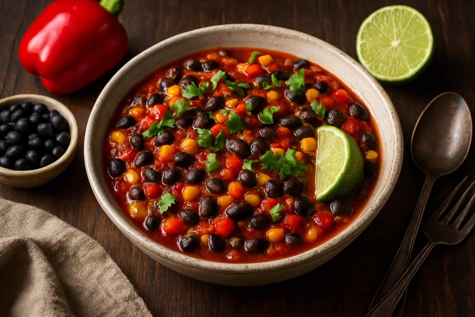 Zwarte bonenschotel met mais en paprika