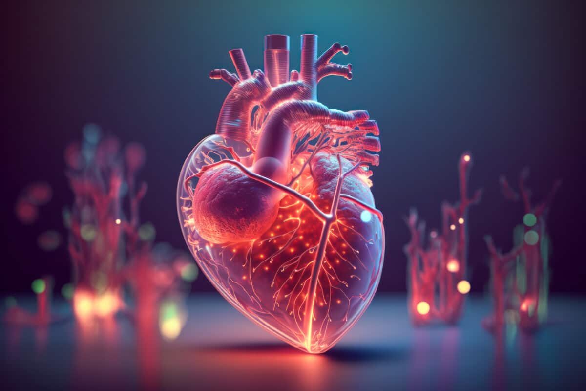 Glowing Human Heart Model on Dark Bokeh Background for Health, Medicine, and Cardiology Concepts - Generative AI