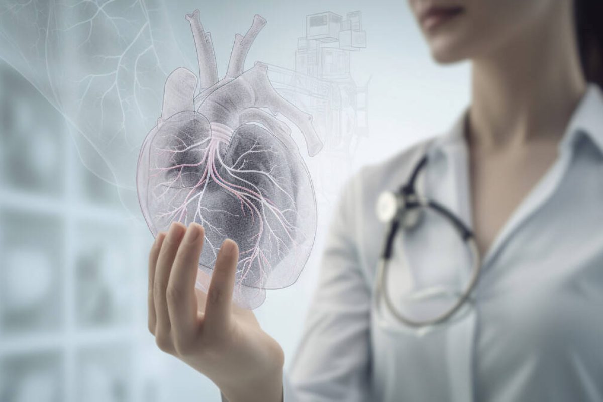 Female doctor holding virtual volumetric drawing of Heart in hand. Handrawn human organ, copy space on right side, grey hdr color. Healthcare hospital service concept, generative ai