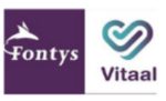 Logo met twee delen: links een paarse achtergrond met een gestileerde dolfijn en het woord Fontys; rechts een blauw en groenblauw hartvormig ontwerp boven het woord Vitaal.