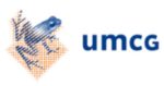 Wazig logo met een blauwe kikker op een oranje rasterpatroon links van blauwe tekst waarop umcg staat.