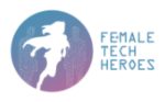 Logo met een wit silhouet van een rennende vrouwelijke superheld tegen een blauwe en paarse cirkel met kleurverloop, met rechts de tekst Female Tech Heroes in blauwe hoofdletters.