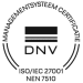 Zwart-wit logo met de tekst "MANAGEMENTSYSTEEM CERTIFICATIE" in een cirkelvormig patroon, het DNV-logo in het midden en "ISO/IEC 27001 NEN 7510" eronder.